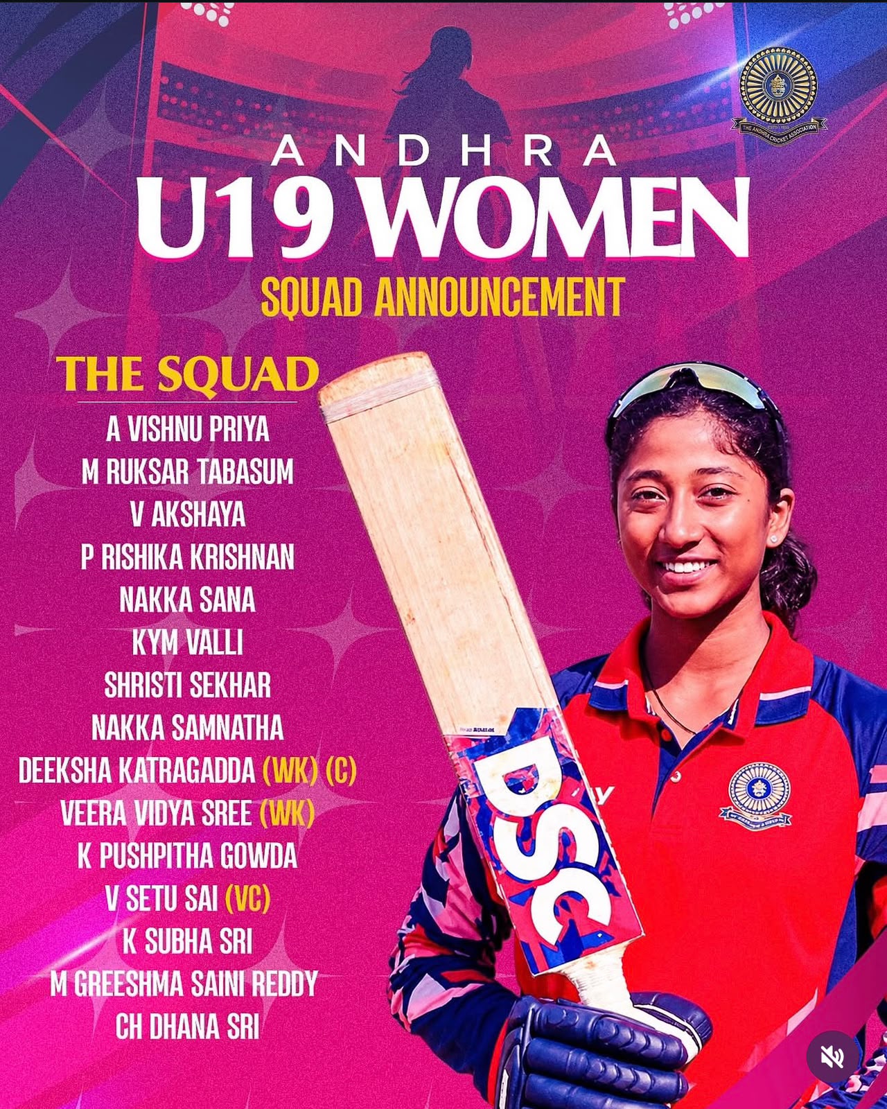 Andhra Under-19 women's cricket squad announcement poster