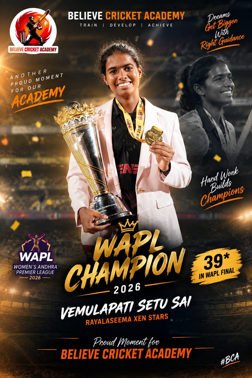 Setu Sai celebrates the 2026 Women's Andhra Premier League championship